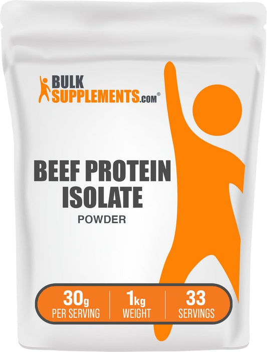 BulkSupplements envase frontal del aislado de proteína de res mostrando tamaño y claridad