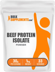 BulkSupplements envase frontal del aislado de proteína de res mostrando tamaño y claridad
