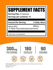 Etiqueta de Alpha GPC BulkSupplements con dosis y pureza