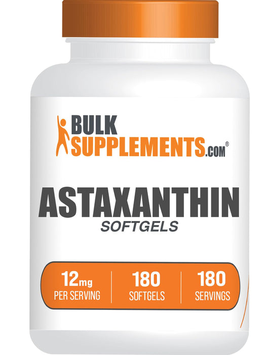BulkSupplements Astaxantina 12 mg, botella visible, posible apoyo antioxidante para la rutina diaria.