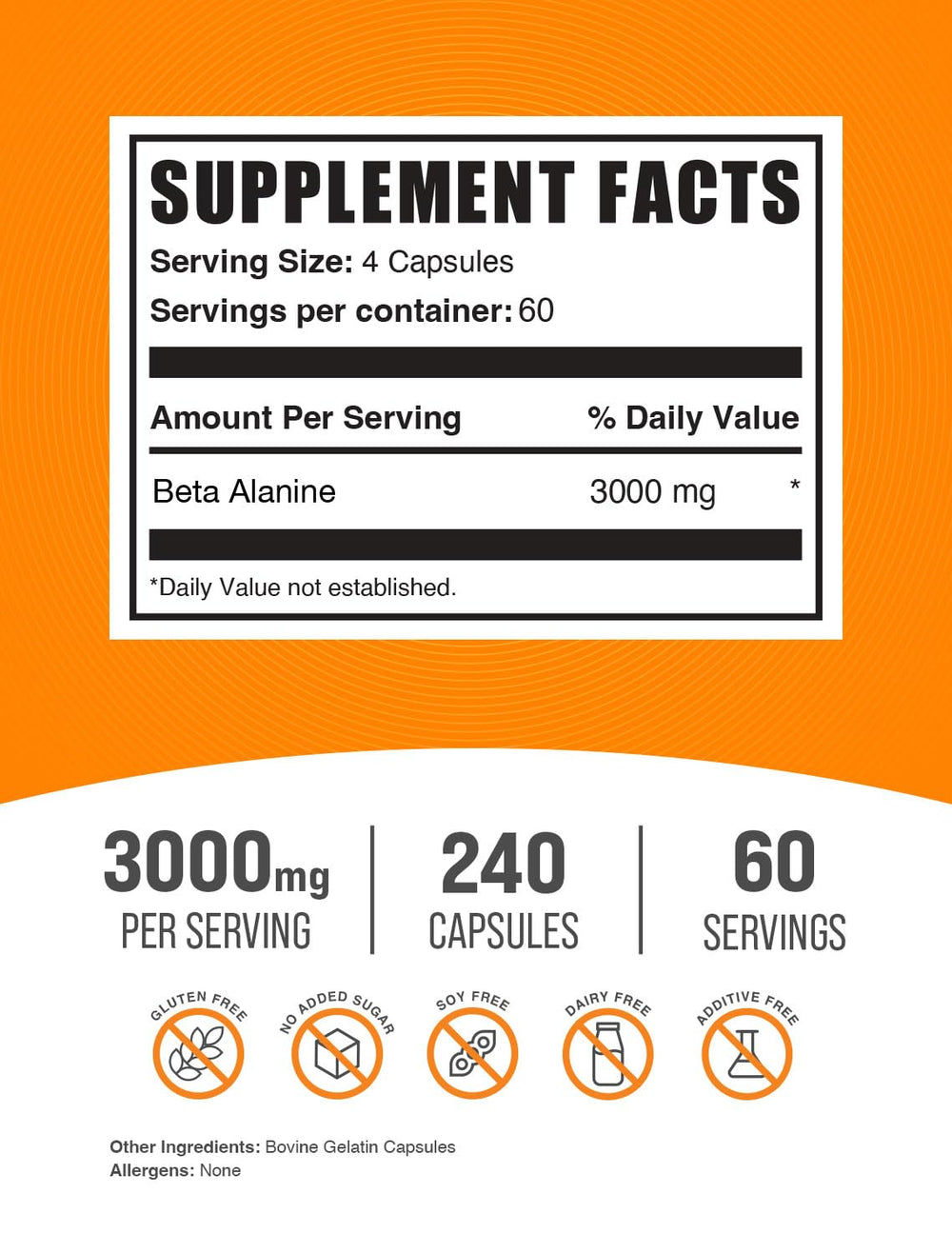 Bulksupplements Beta alanina: cápsulas dosis 3000 mg para rendimiento.