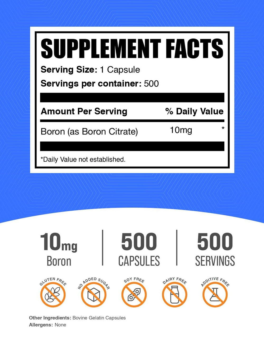 BulkSupplements cápsulas de Boron Citrate 10 mg vista cercana para dosificación fácil