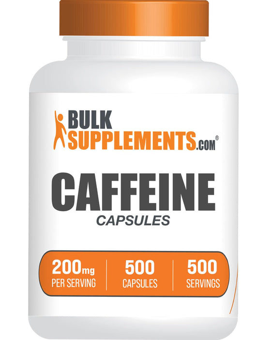BulkSupplements Cafeína 200 mg cápsulas frente al envase para energía lista para entrenar