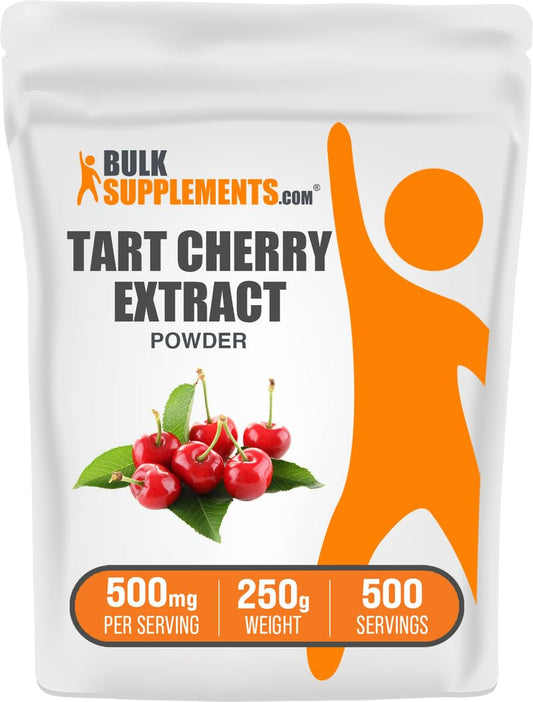 BulkSupplements Cereza Ácida en Polvo, porción de 500 mg para rutina diaria.