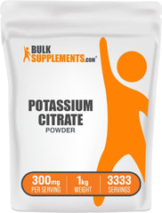 BulkSupplements Citrato de potasio en polvo en un frasco de 1 kg, listo para hidratación.