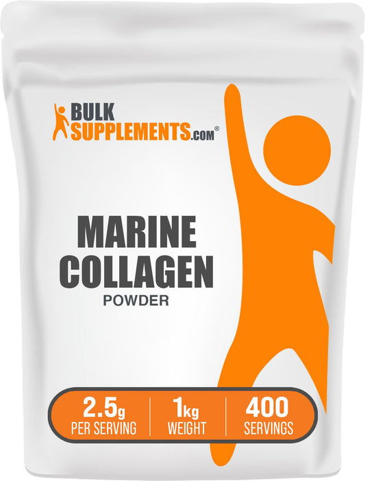 BulkSupplements Colágeno Marino en polvo en envase, soporte para cabello y piel.