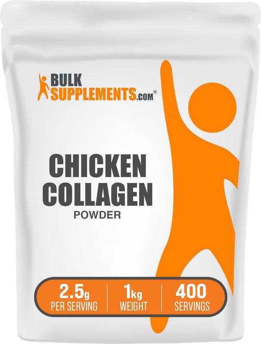 BulkSupplements Colágeno de Pollo, enfoque en cabello: promueve brillo y fortaleza.