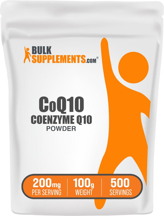 BulkSupplements CoQ10 en polvo en botella, apoyo potencial a la salud diaria.