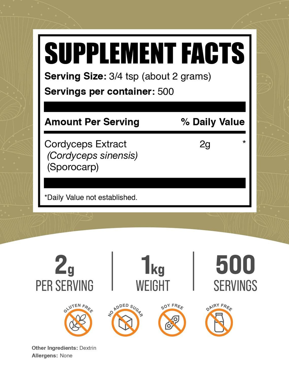 Bulksupplements Cordyceps Extract mezcla suave para batidos y comidas