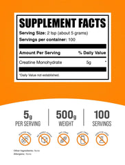 BulkSupplements creatina monohidrato en polvo, envase de 500 g para sesiones de entrenamiento
