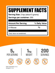 BulkSupplements polvo de D-ribosa en primer plano, textura fina que se disuelve rápido
