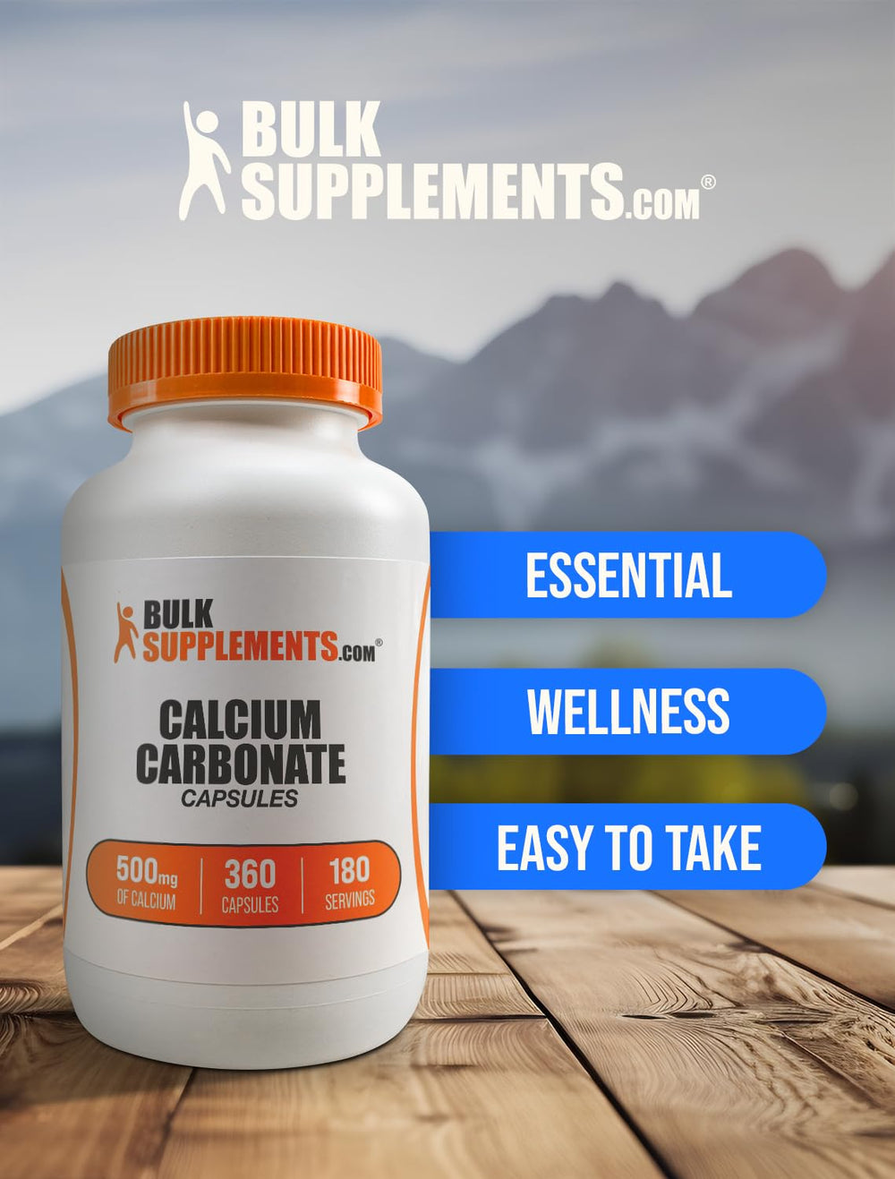 BulkSupplements botella junto a regla para visualizar tamaño real