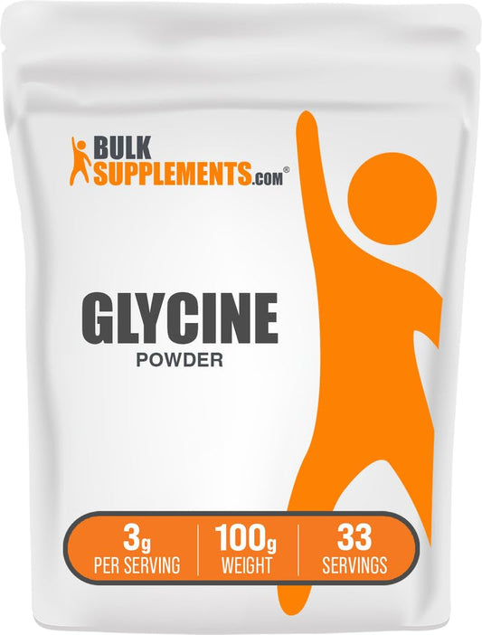 BulkSupplements Glycine powder bottle front, unflavored, ready to mix into your routine.