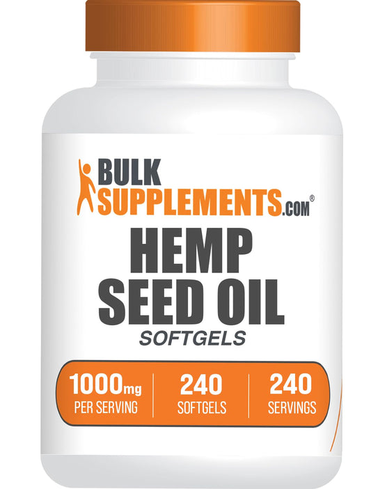 BulkSupplements Hemp Seed Oil Softgels: botella 240 cápsulas, opción práctica para uso diario.