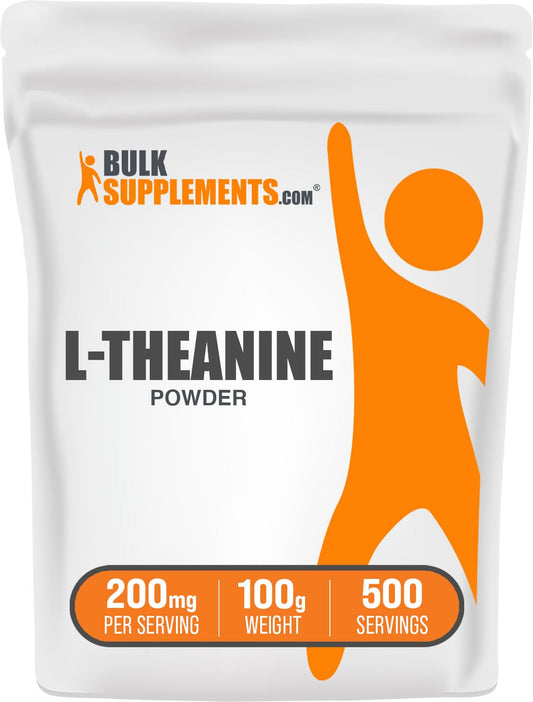 BulkSupplements L-Theanine powder bottle shows 200 mg per serving for daily wellness