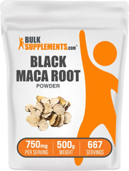 BulkSupplements envase frontal de maca negra mostrando etiqueta y peso para confianza