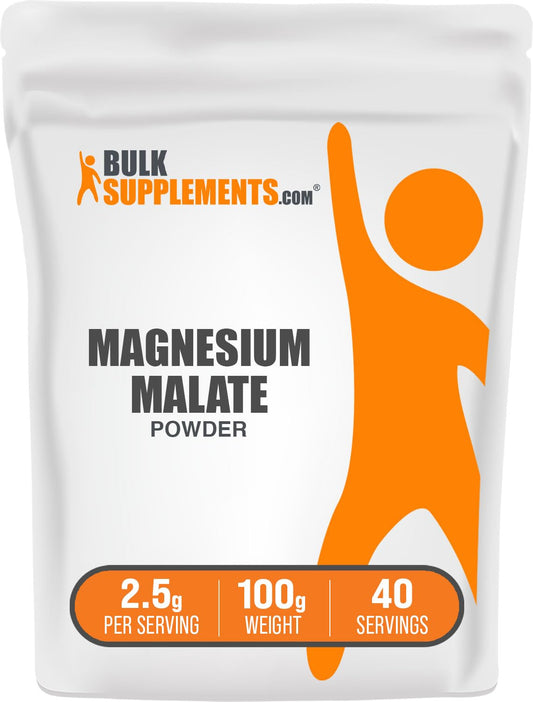 BulkSupplements Magnesium Malate Powder unflavored; easy to mix into drinks for daily wellness.