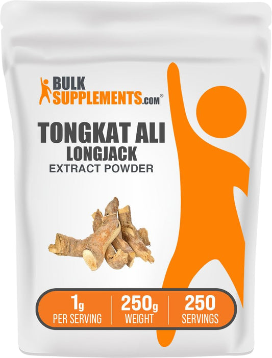 Polvo BulkSupplements Extracto de Tongkat Ali, porción de 1 g para batidos y ritual diario.