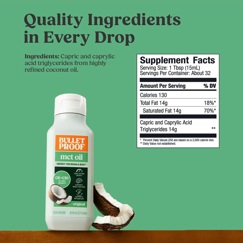 Bulletproof MCT Oil sin sabor, ideal para recetas neutras.