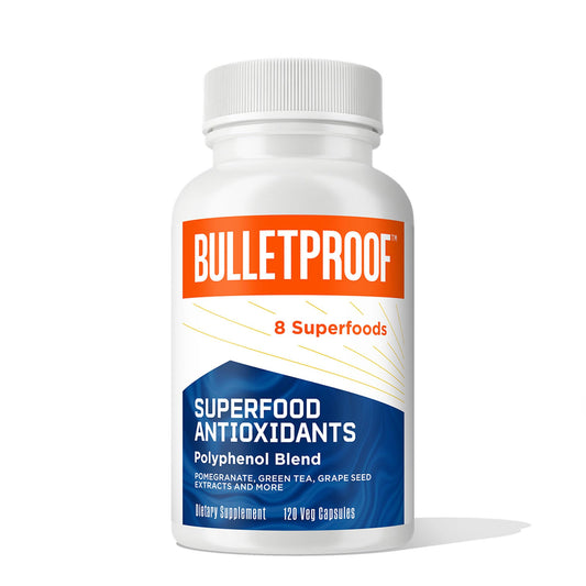 Bulletproof antioxidantes cápsulas en frasco para defensa celular potencial.