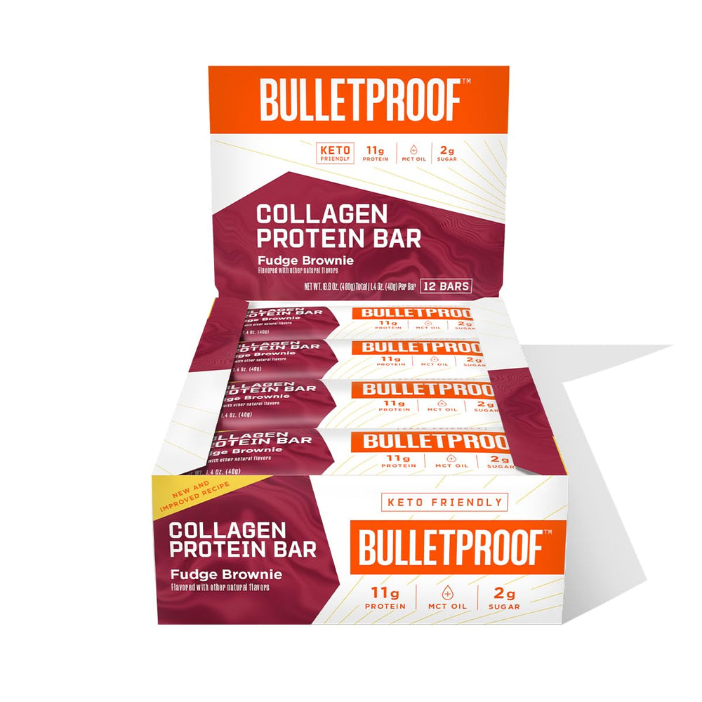 Barra Bulletproof Fudge Brownie en caja de 12 para snack keto práctico.