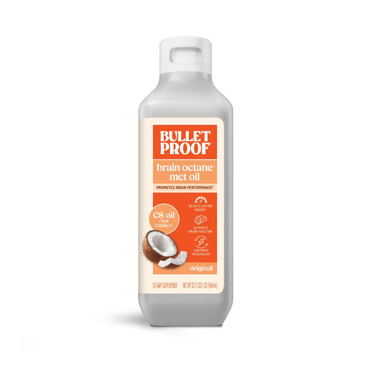 Bulletproof Brain Octane bottle front view highlights pure C8 MCT oil for steady energy.