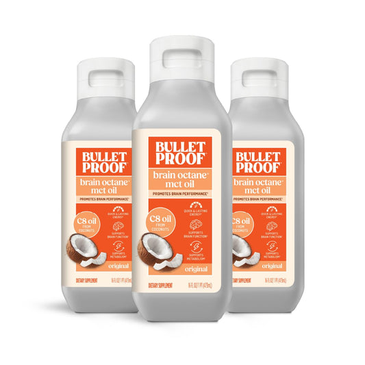 Bulletproof Brain Octane C8 MCT Oil bottle trio ready for coffee rituals.