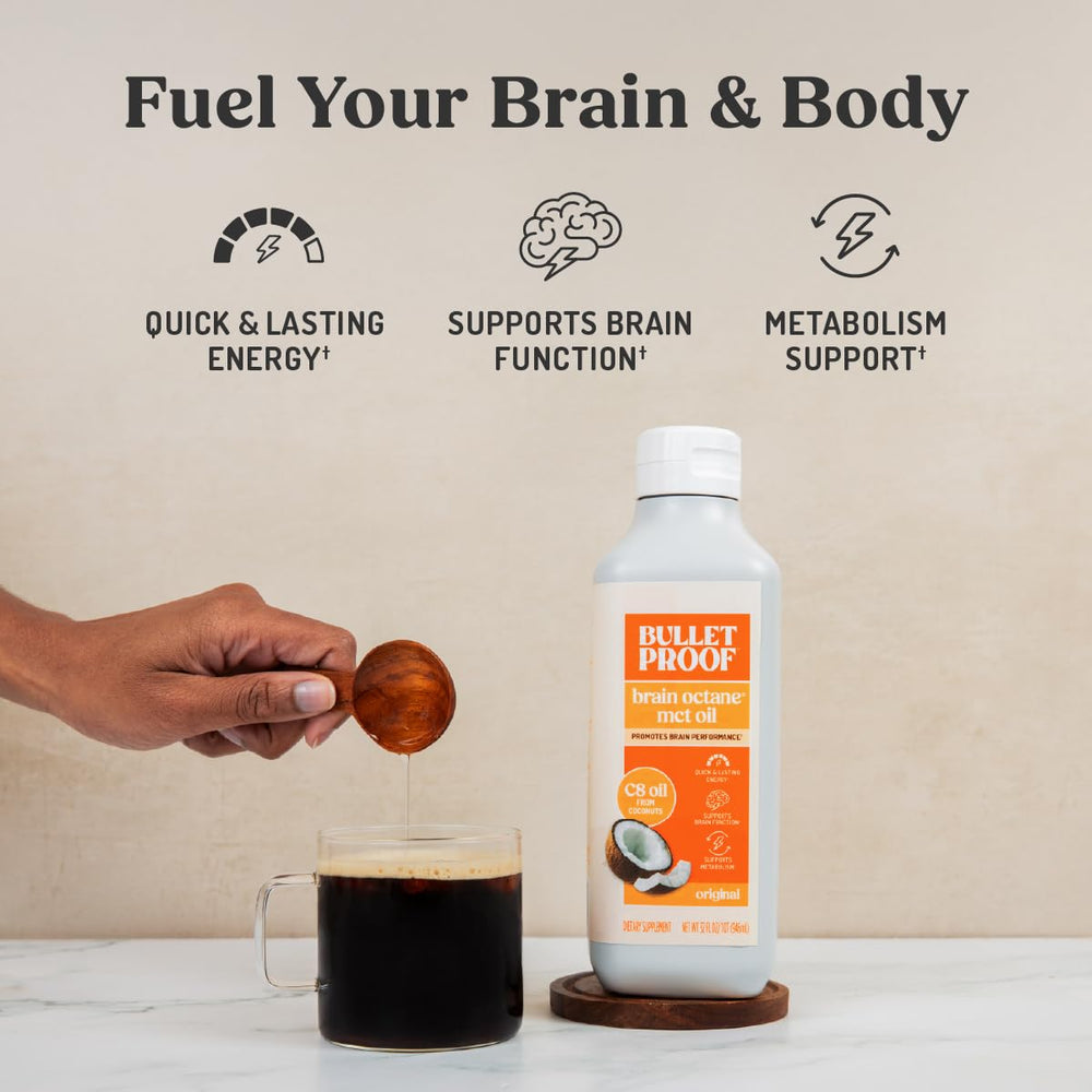 Bulletproof Brain Octane coffee mug with bottle suggests a focused morning routine.