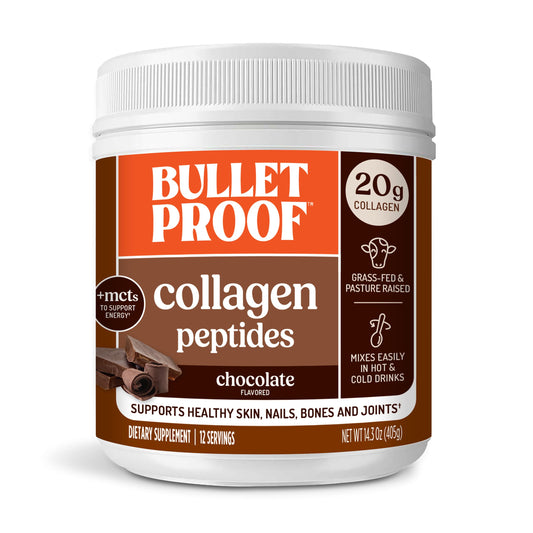 Bulletproof Chocolate Collagen Peptides con MCT, envase en tarro para uso diario.