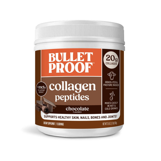 Bulletproof Chocolate Collagen jar shows premium texture for daily mix-ins