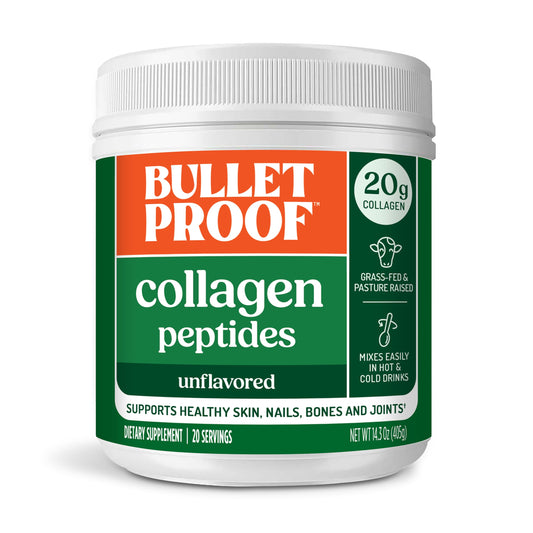 Bulletproof Collagen Peptides en frasco, foco frasco, ideal para uso diario en piel y articulaciones.
