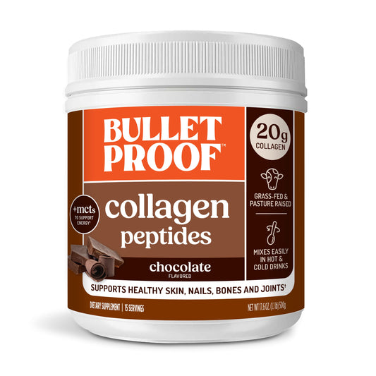 Bulletproof frontal del envase de Chocolate Collagen Peptides beneficiando la conveniencia