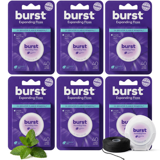 Burst envase frontal del hilo dental mostrando diseño y beneficio de limpieza