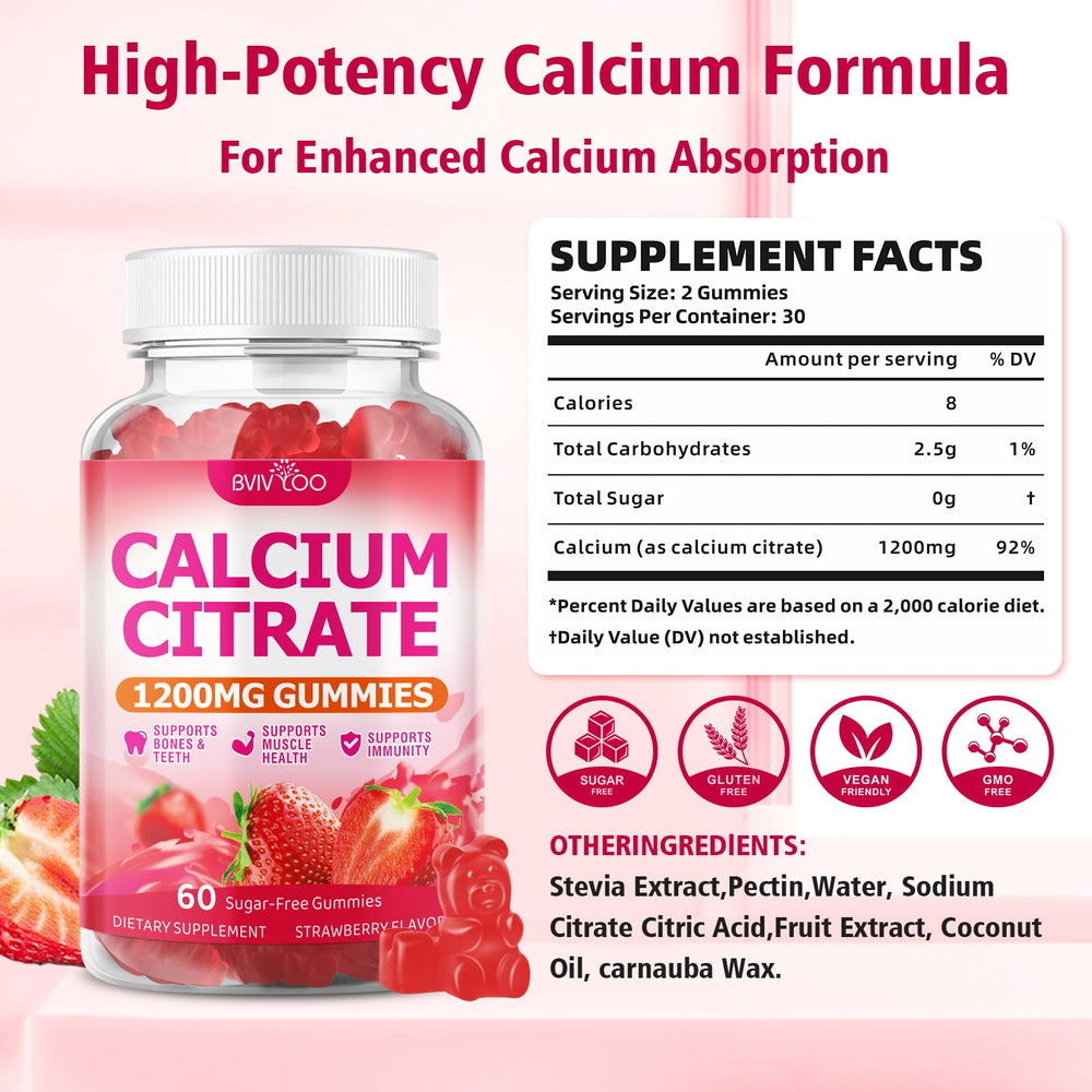 BVIVLOO gomitas calcio 1200 mg primer plano, textura suave para masticar