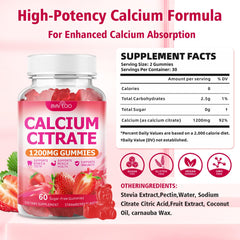 BVIVLOO gomitas calcio 1200 mg primer plano, textura suave para masticar