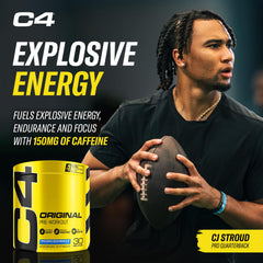 Imagen cercana de la etiqueta C4 con ingredientes clave y beneficios visibles