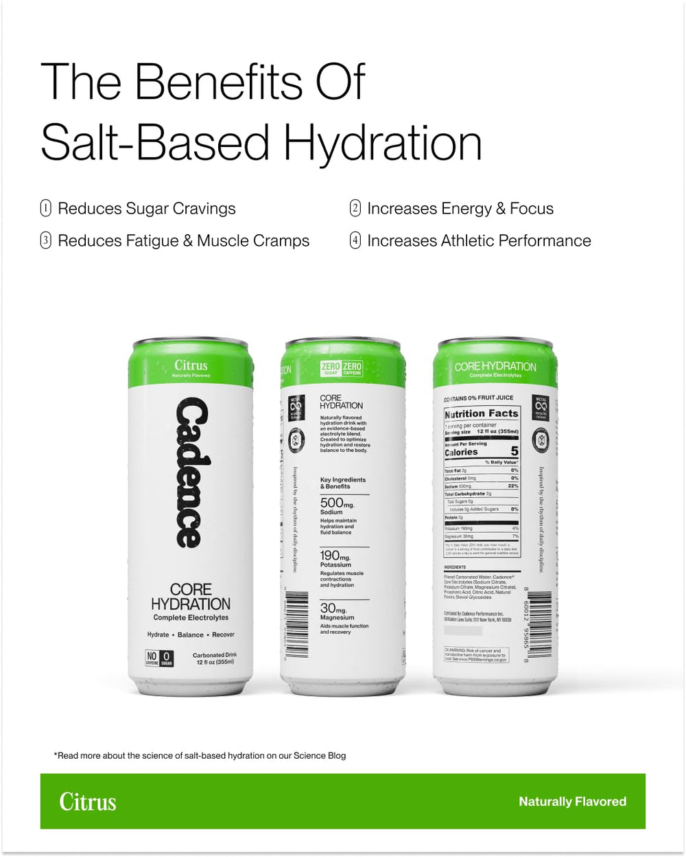 Cadence etiqueta de ingredientes resaltando electrolitos y beneficios