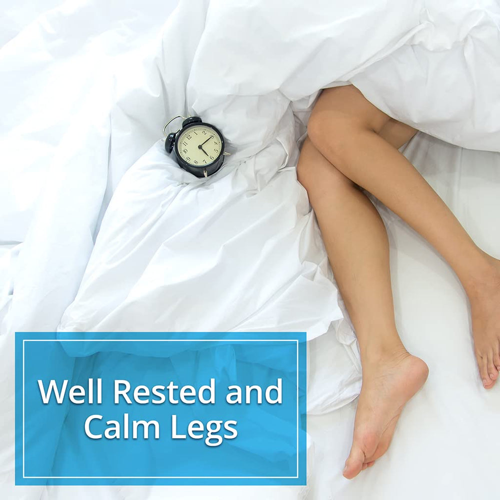 Calm Legs frasco abierto con tabletas listo para uso nocturno beneficios