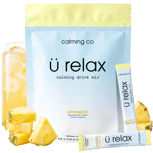 Calming Co. Ü Relax 2.0 frente del empaque mostrando 20 sobres, fácil almacenamiento