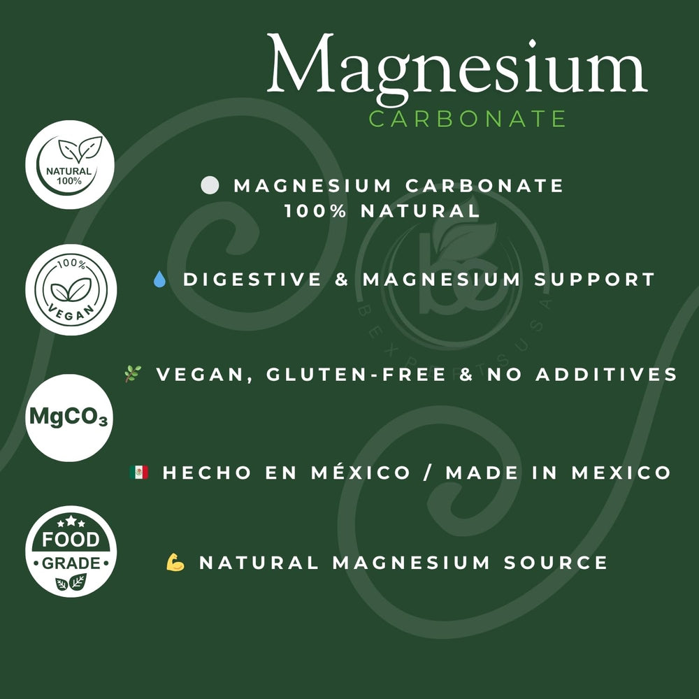 Generic carbonato de magnesio etiqueta y origen México resaltando control de calidad