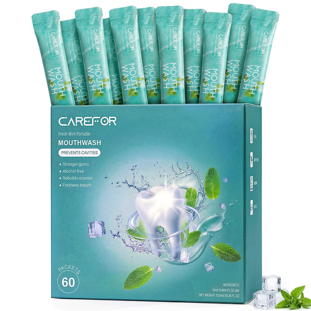 CAREFOR empaque frontal mostrando 60 sobres y conveniencia de viaje