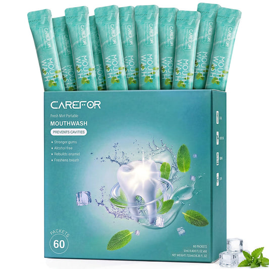 CAREFOR empaque frontal mostrando 60 sobres y conveniencia de viaje