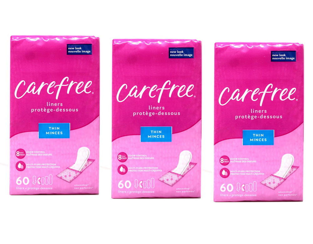 Carefree frontal del paquete mostrando cantidad y sin perfume, comodidad inmediata