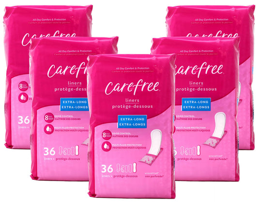 Carefree empaque frontal mostrando protector extra long y beneficio cobertura extendida