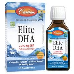 Carlson Elite DHA vista frontal mostrando botella y etiqueta, ofrece concentración profesional