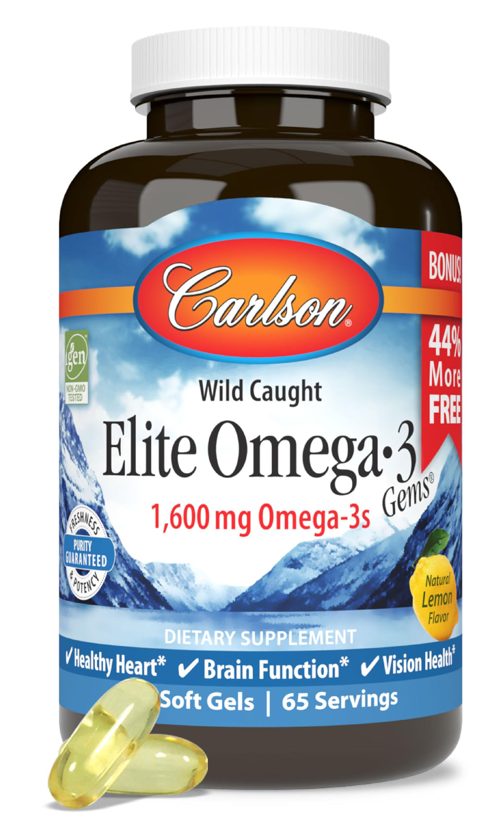 Carlson envase frontal mostrando 60 softgels y beneficio de omega-3 concentrado