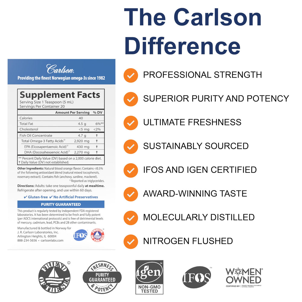 Etiqueta de Carlson Elite DHA en primer plano destacando origen y certificaciones