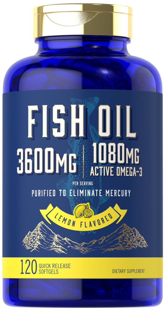 Carlyle aceite de pescado 3600 mg en botella con sabor a limón, uso diario.