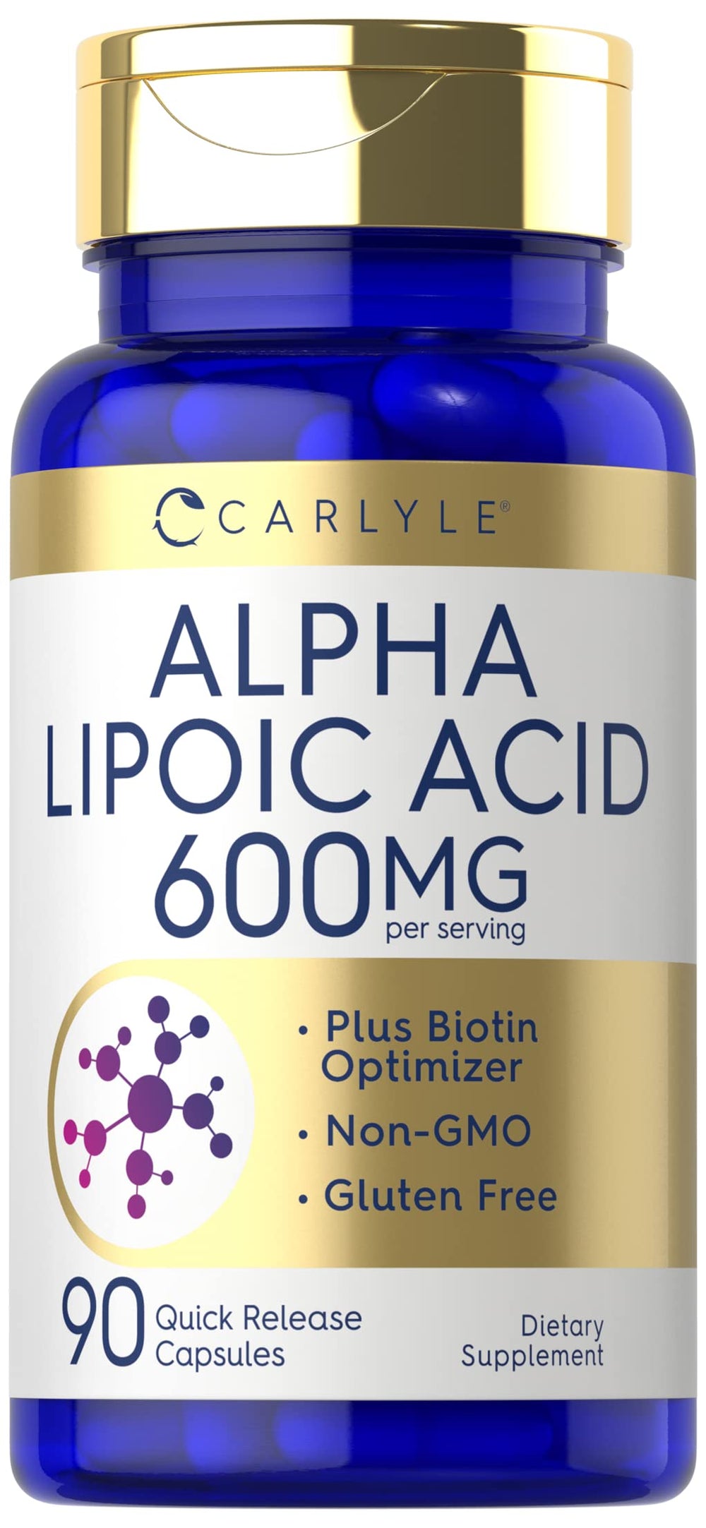 Carlyle Alfa Lipoico 600mg: botella de cápsulas para uso diario y soporte al bienestar.