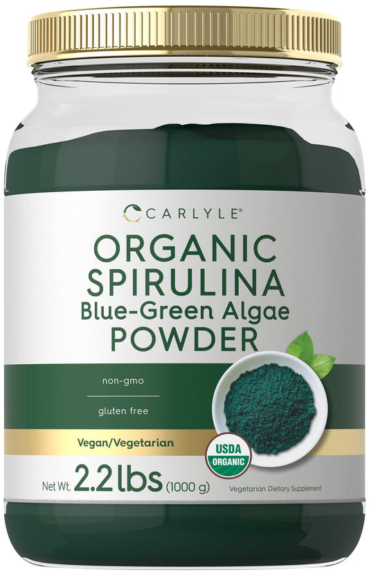 Carlyle envase frontal de spirulina orgánica mostrando presentación y marca